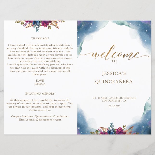 Folded, Celestial Starry Quinceañera Program (Front)