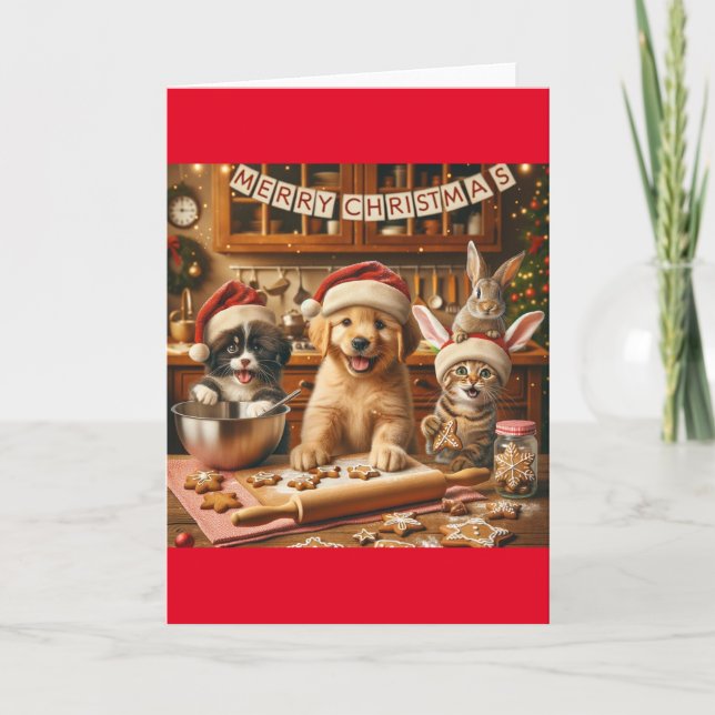 Folded Christmas Card with dog, cat, bunny #4 (Front)