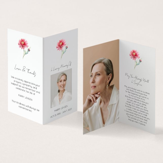 Folded Chrysanthemum Photo Funeral Prayer Card (Inside and Outside)