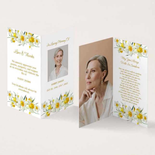 Folded Daffodil Photo Funeral Prayer Card (Inside and Outside)