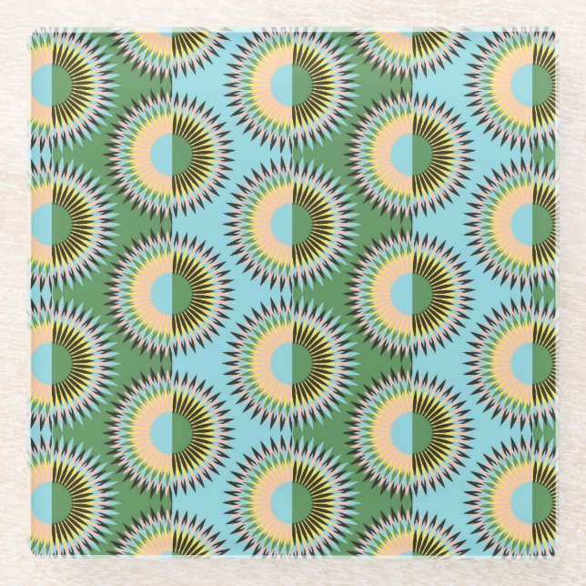 Folded flowers: retro blue-green pattern. glass coaster (Front)