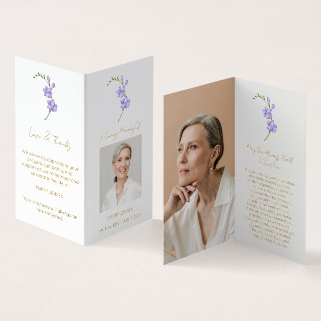 Folded Freesia Photo Funeral Prayer Card (Inside and Outside)