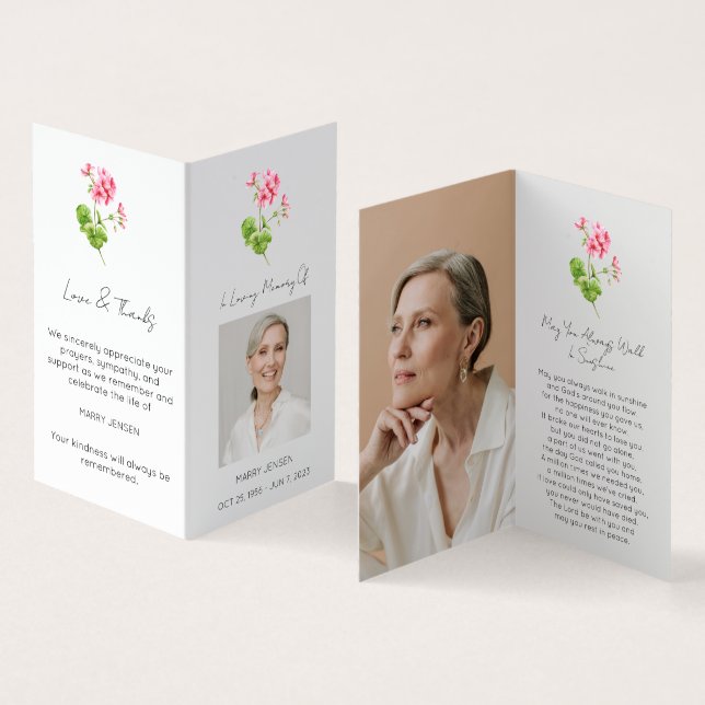 Folded Geranium Photo Funeral Prayer Card (Inside and Outside)