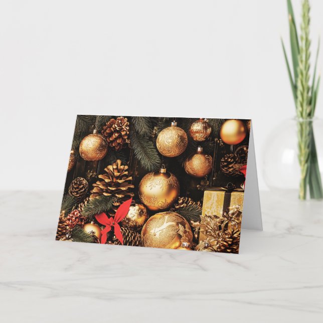 Folded Greeting Card -Gold Ornaments and Pinecones (Front)