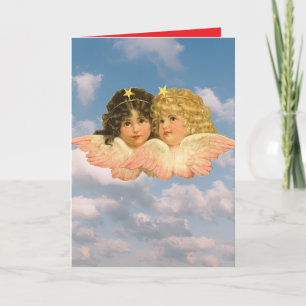 Folded Greeting Card VINTAGE TWIN ANGELS IN SKY