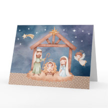 Folded Greeting Card w/ Nativity Illustration