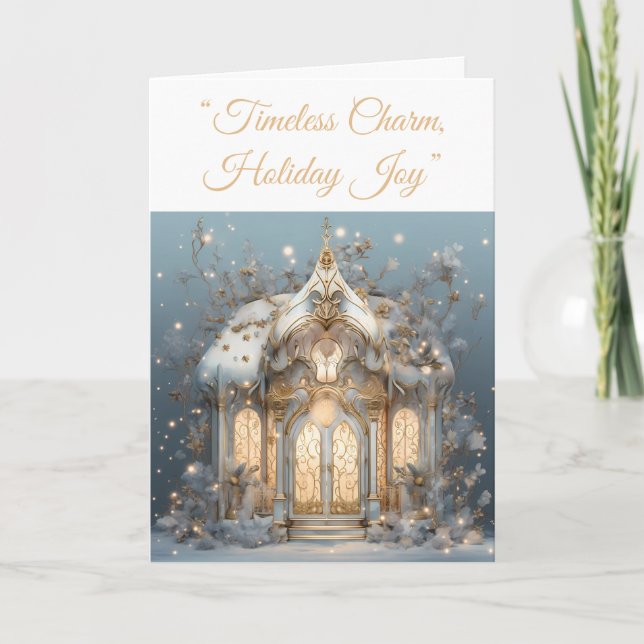Folded Holiday Card-Blue & Gold Xmas Elegance Card (Front)