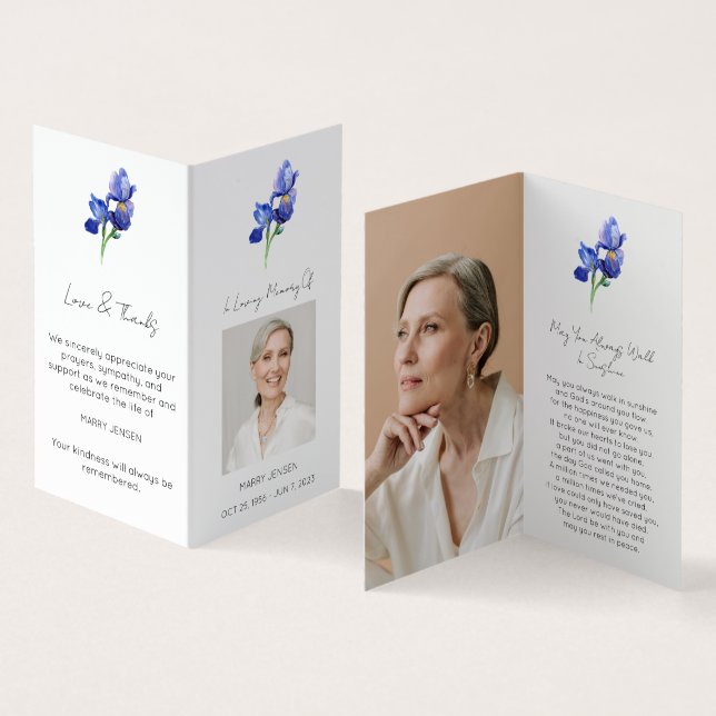 Folded Iris Photo Funeral Prayer Card (Inside and Outside)