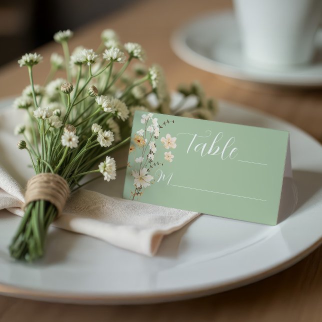 Folded Light Sage Green Floral Elegant Wedding Place Card (Light green wedding Place card with whimsical watercolor wildflowers)