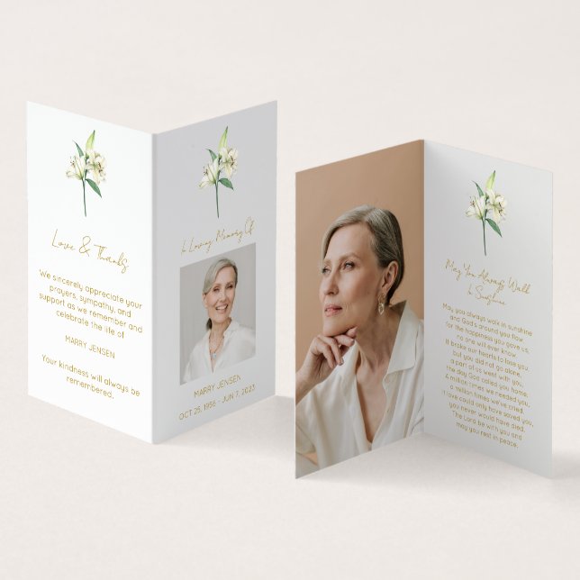 Folded Lily Photo Funeral Prayer Card (Inside and Outside)