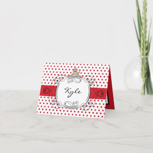 Folded Name Note Card Red Polkadot Sock Monkey Toy (Front)