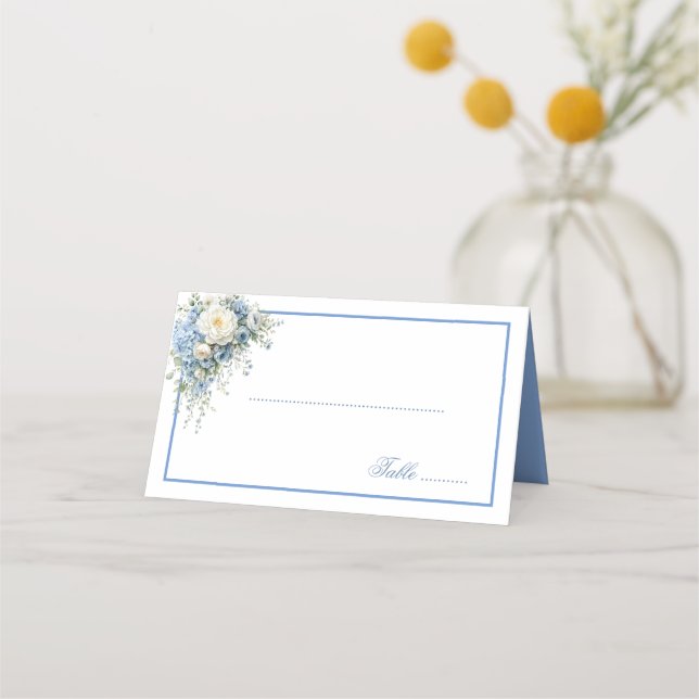 Folded Name Place Card-Blue Hydrangeas  Card (Front)
