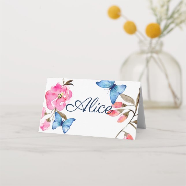 Folded Name Place Card  - Floral Butterflies (Front)