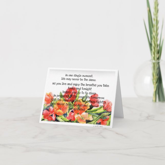 Folded note card + tulips + "in one single moment" (Front)