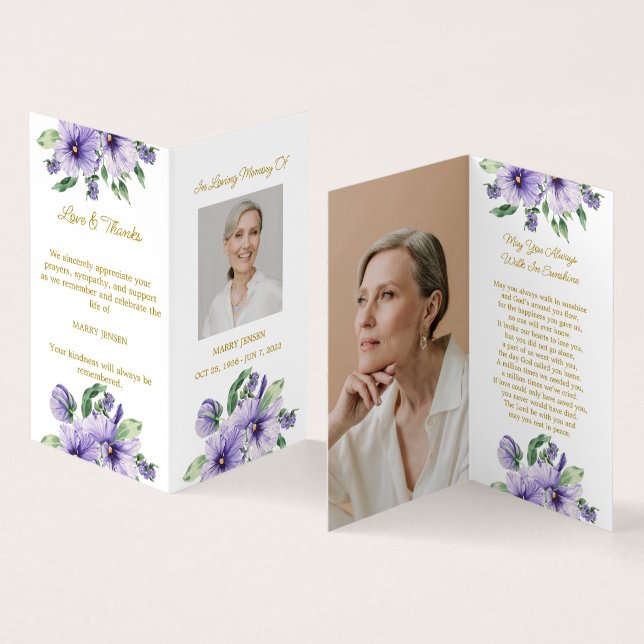 Folded Pansy Photo Funeral Prayer Card (Inside and Outside)