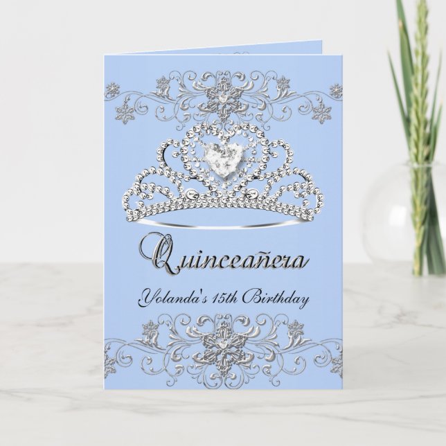 Folded Quinceanera Blue Glitter Tiara Photo Invitation (Front)