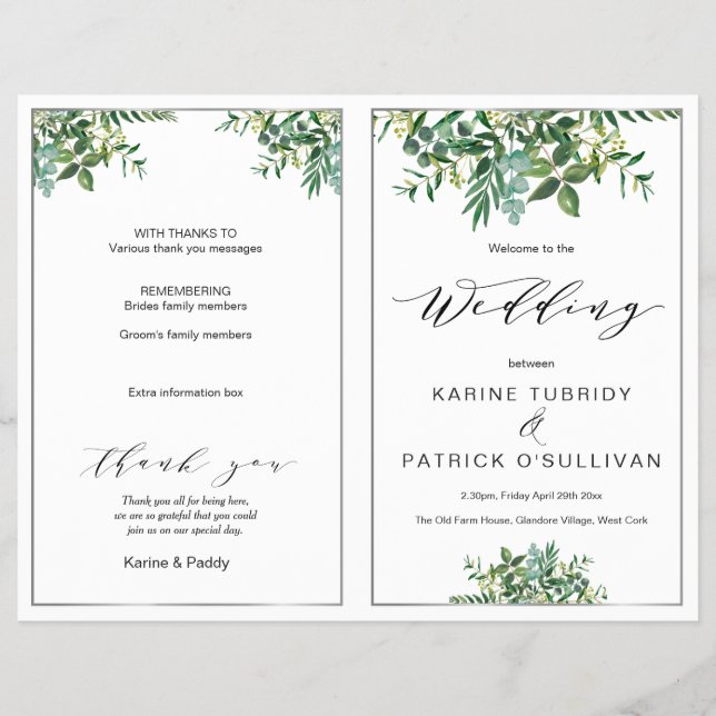 Folded silver & greenery wedding program flyer (Front)