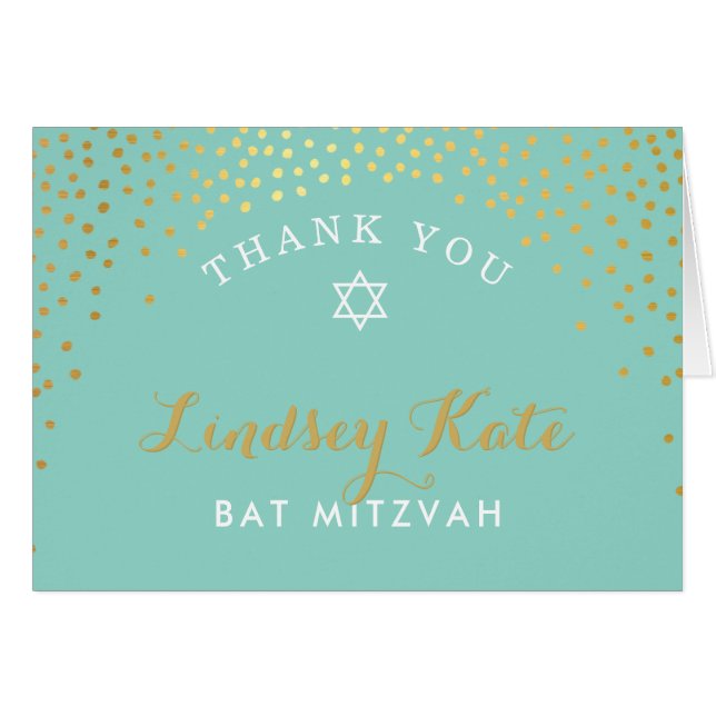 FOLDED THANK YOU bat mitzvah gold confetti MINT (Front Horizontal)