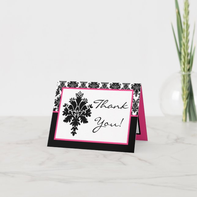 Folded Thank You Card Black Hot Pink Damask Lace (Front)