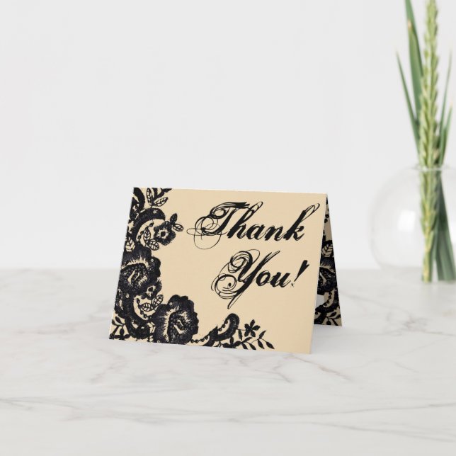 Folded Thank You Card Black Lace Damask Antique (Front)