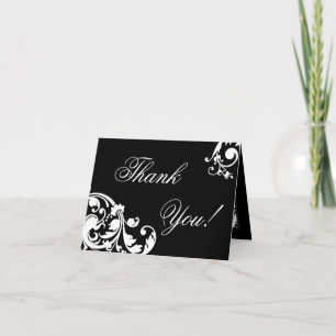 Folded Thank you Card Black White Floral Filigree