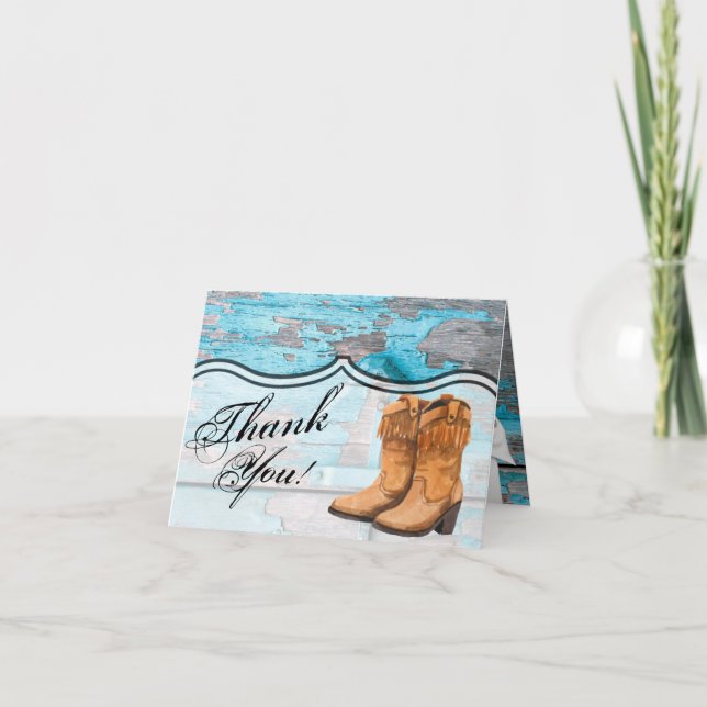 Folded Thank You Card Blue Wood Barn Door Boots (Front)