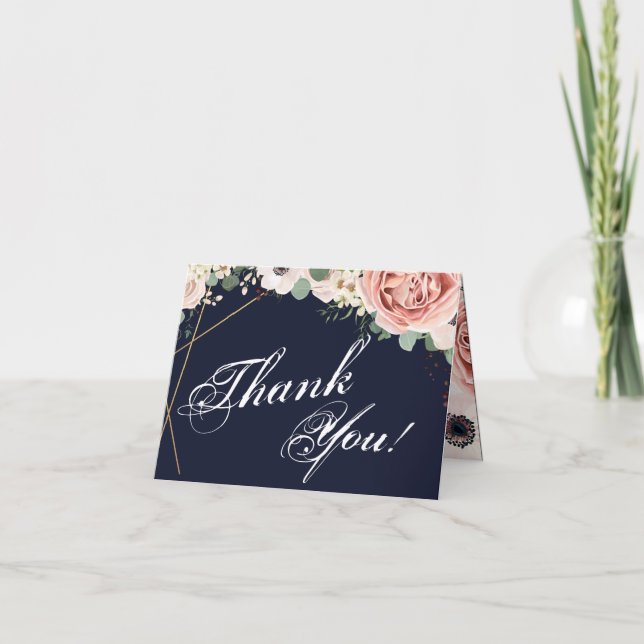 Folded Thank You Card Geometric Garden Rose Navy (Front)