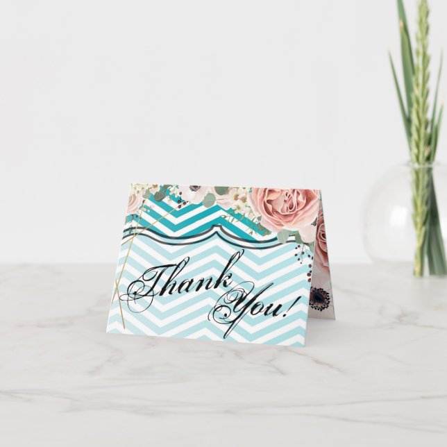 Folded Thank You Card Geometric Rose Chevron Teal (Front)