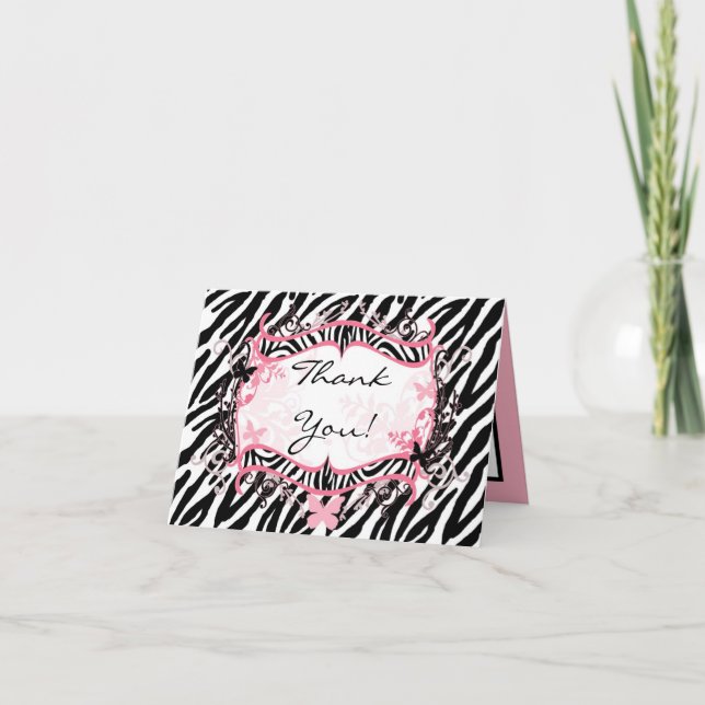 Folded Thank you Card Girly Butterfly Zebra Print (Front)