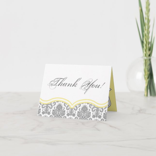 Folded Thank You Card Grey Yellow Damask Lace (Front)