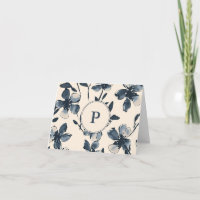 Folded Thank You Card Monogram Blue Flowers