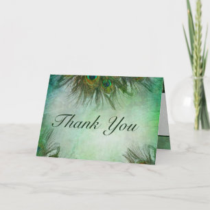Folded Thank You Card Peacock Green Feathers