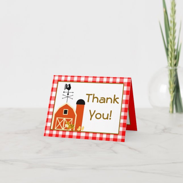 Folded Thank You Card Red Barn Farm Animals (Front)