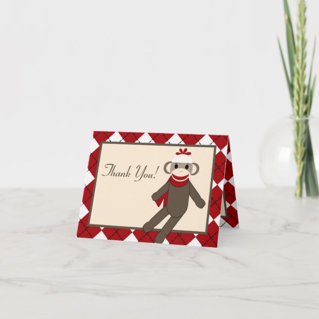 Folded Thank you Card Red Sock Monkey Argyle (Front)