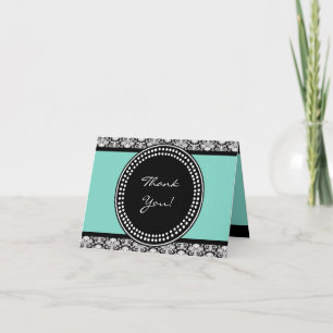 Folded Thank You Card Teal & Black Damask