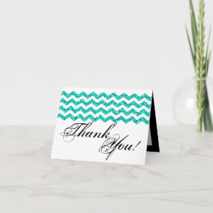Folded Thank You Card Teal Glitter Chevron Stripe