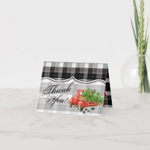 Folded Thank You Card XMAS Truck Buffalo Plaid Bla