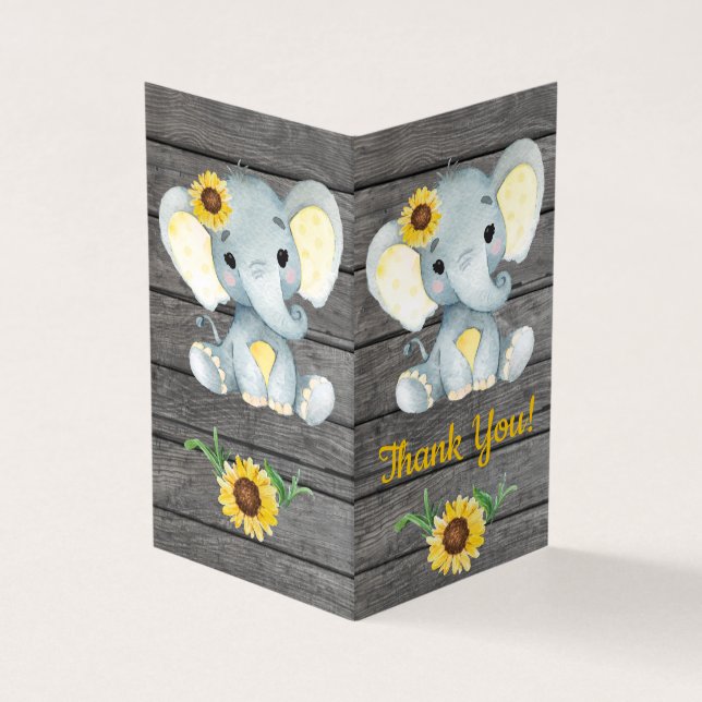 Folded Thank You Cards Elephant sunflowers rustic (Outside)