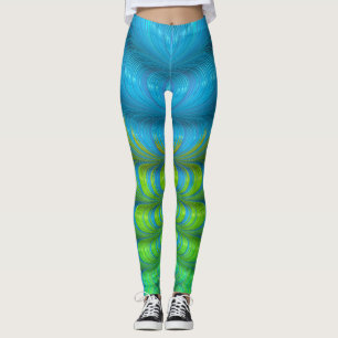 Folded Waves of Green and Blue Fractal Abstract Leggings