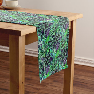 Foliage Abstract Pop Art In Jade Green and Purple. Short Table Runner