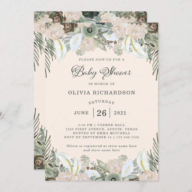 Foliage and Floral | Blush Pink Baby Shower Invitation (Front/Back)
