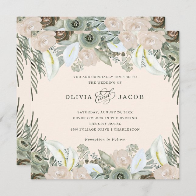 Foliage and Floral | Blush Pink Wedding Invitation (Front/Back)