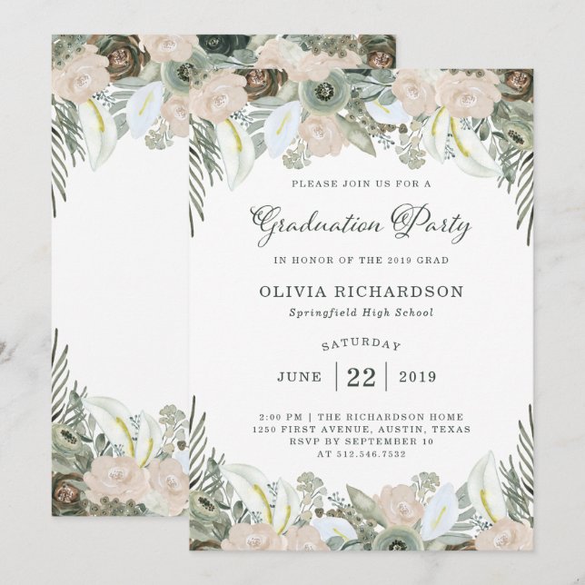 Foliage and Floral | Sage Green Graduation Party Invitation (Front/Back)