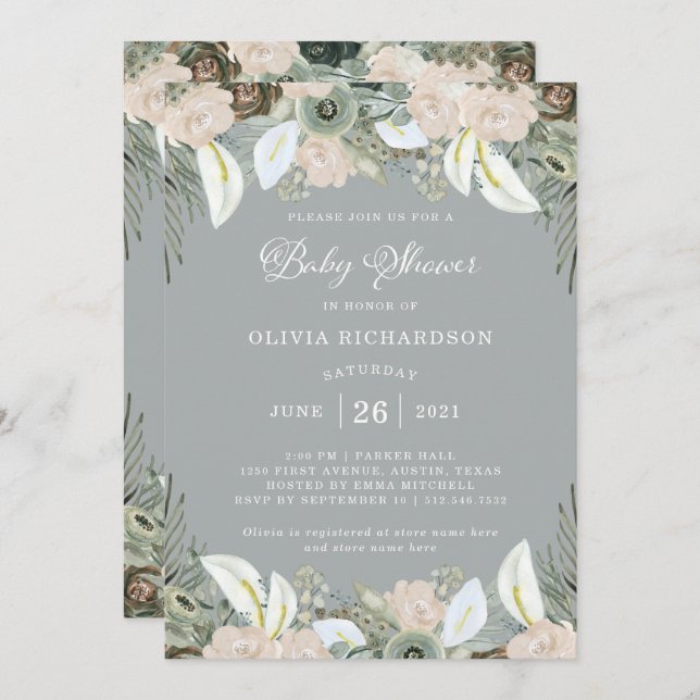 Foliage and Floral | Soft Grey Baby Shower Invitation (Front/Back)