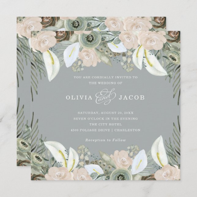 Foliage and Floral | Soft Grey Wedding Invitation (Front/Back)