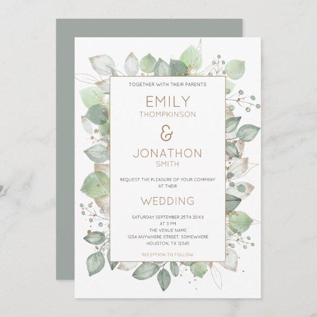Foliage Border Gold Sage Wedding Invitation (Front/Back)