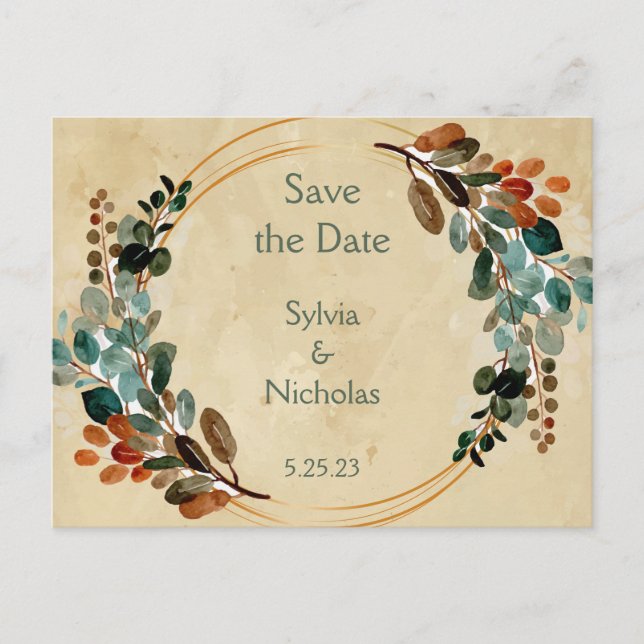 Foliage Botanical Fall Autumn  Save the Dates Announcement Postcard (Front)