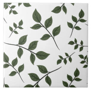 Foliage Branches with Green Leaves on White Ceramic Tile