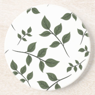 Foliage Branches with Green Leaves on White Coaster