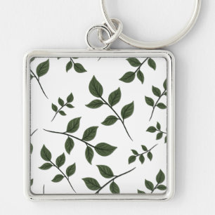 Foliage Branches with Green Leaves on White Key Ring